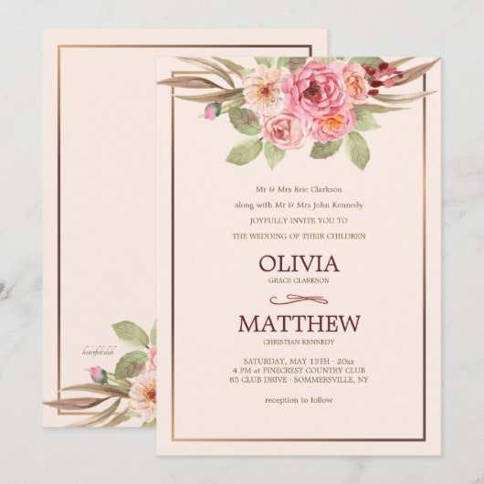 Vrolijke bloemenbruiloft uitnodiging (Voorkant / Achterkant)