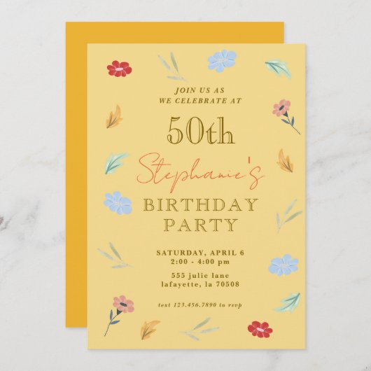 Vrolijke bloemige uitnodigingen voor 50e verjaarda (Voorkant / Achterkant)