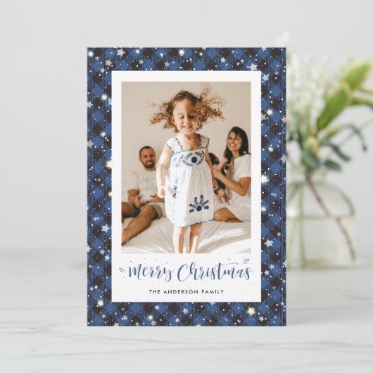 Vrolijke Blue Buffalo Plaid Foto Vrolijk Kerstfees Feestdagenkaart (Staand voorkant)