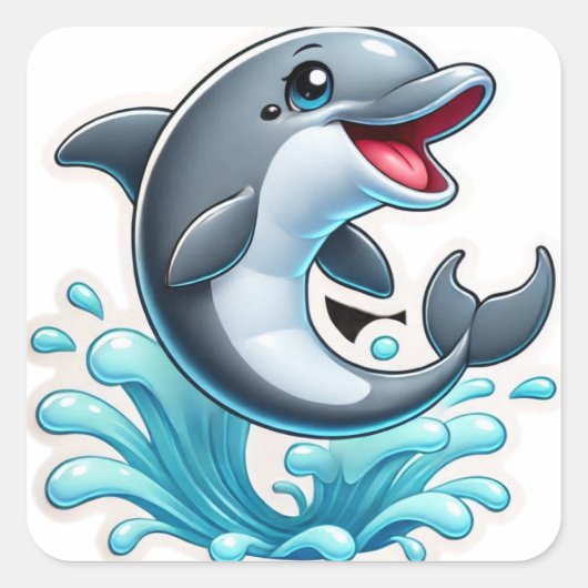 Vrolijke Blue Dolphin Splash Vierkante Sticker (Voorkant)