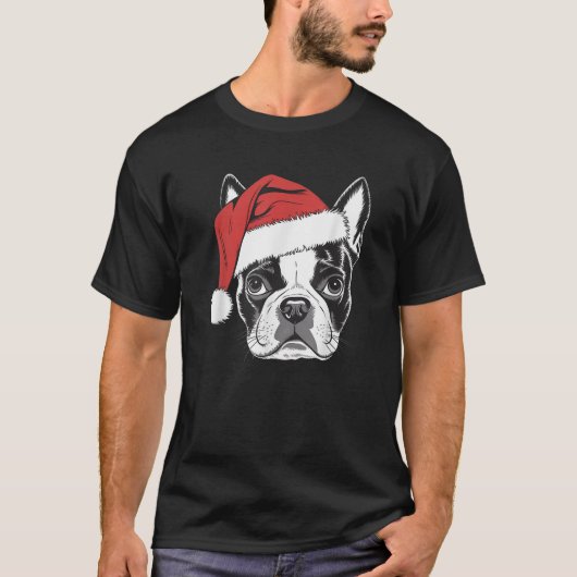 Vrolijke Boston Terrier Santa Dog op Boston Terrie T-shirt (Voorkant)
