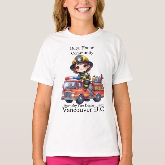 Vrolijke brandweerman rijdt op een levendige brand t-shirt (Voorkant)