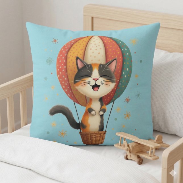 Vrolijke Calico Cat Sky Adventure Illustratie Kussen (Joyful Calico Cat Sky Adventure Illustration Throw Pillow Mockup A)