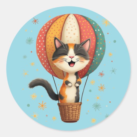 Vrolijke Calico Cat Sky Adventure Illustratie Ronde Sticker (Voorkant)