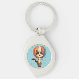 Vrolijke Calico Cat Sky Adventure Illustratie Sleutelhanger