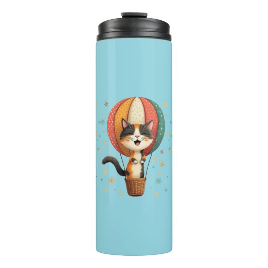 Vrolijke Calico Cat Sky Adventure Illustratie Thermosbeker (Voorkant)