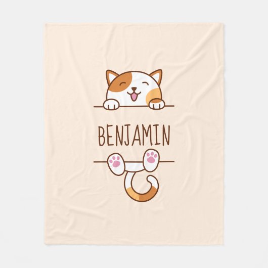 Vrolijke Calico Kat Peeking Aangepaste Naam Beige Fleece Deken (Voorkant)