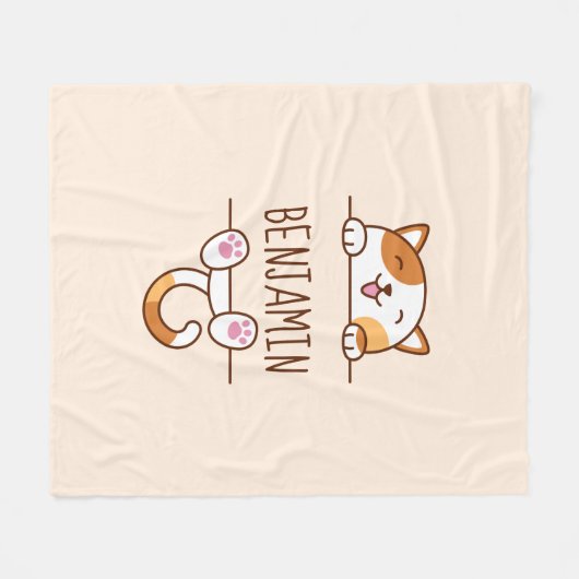 Vrolijke Calico Kat Peeking Aangepaste Naam Beige Fleece Deken (Voorkant (Horizontaal))