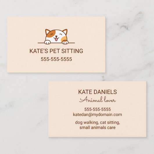 Vrolijke Calico Kat Peeking Pet Sitting Service Visitekaartje (Voorkant / Achterkant)