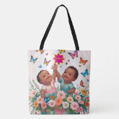 Vrolijke Canvas tas-Schattigee vlinder en bloemen  Tote Bag (Voorkant)