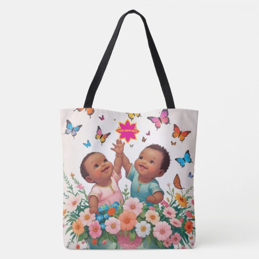 Vrolijke Canvas tas-Schattigee vlinder en bloemen  Tote Bag (Achterkant)