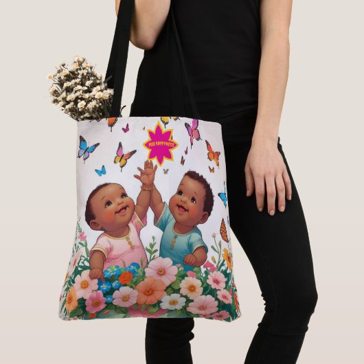 Vrolijke Canvas tas-Schattigee vlinder en bloemen  Tote Bag (Dichtbij)