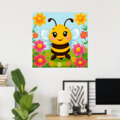 Vrolijke Cartoon Bee Omgeven Door Heldere Bloemen Poster (Thuiskantoor)