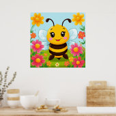 Vrolijke Cartoon Bee Omgeven Door Heldere Bloemen Poster (Keuken)