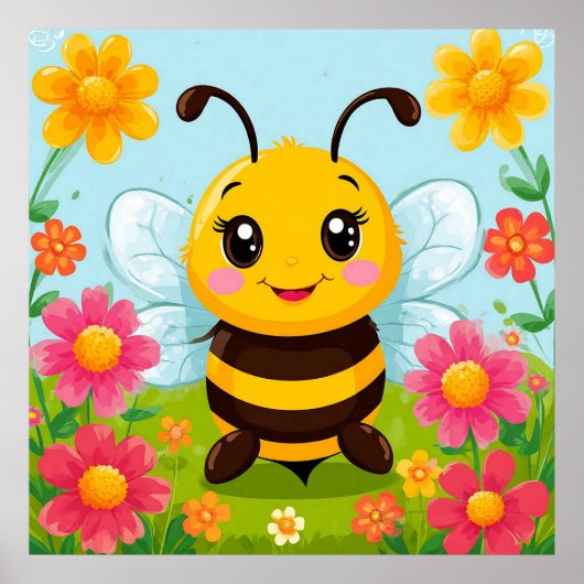 Vrolijke Cartoon Bee Omgeven Door Heldere Bloemen Poster (Voorkant)