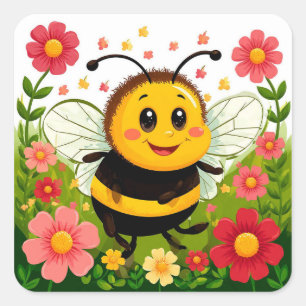 Vrolijke Cartoon Bee Omgeven Door Heldere Bloemen Vierkante Sticker