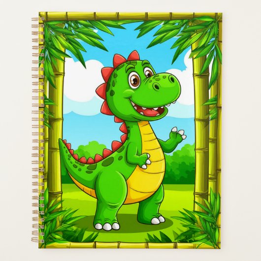 🦖 Vrolijke Cartoon Dinosaur Bamboe Kinderen Studi Planner (Voorkant)