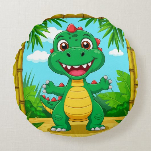 Vrolijke Cartoon Dinosaur in Bamboe Frame Rond Kussen (Voorkant)