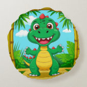 Vrolijke Cartoon Dinosaur in Bamboe Frame Rond Kussen (Achterkant)