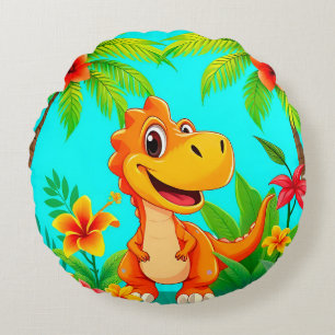 Vrolijke Cartoon Dinosaur in Tropische Jungle Rond Kussen