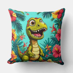 Vrolijke Cartoon Dinosaurussen Met Tropische Bloem Kussen