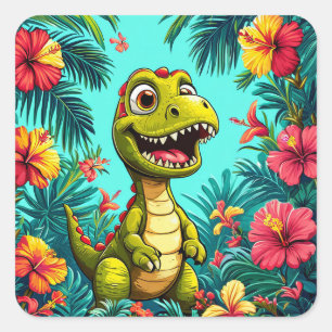 Vrolijke Cartoon Dinosaurussen Met Tropische Bloem Vierkante Sticker