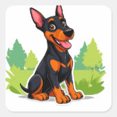Vrolijke Cartoon Doberman zit buiten Vierkante Sticker (Voorkant)