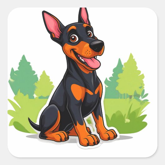 Vrolijke Cartoon Doberman zit buiten Vierkante Sticker (Voorkant)