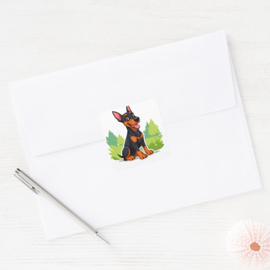 Vrolijke Cartoon Doberman zit buiten Vierkante Sticker (Envelop)