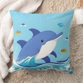 Vrolijke Cartoon Dolfijn Zwemmen in Blauw Water Kussen (Deken)