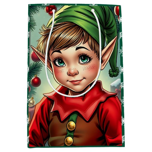 Vrolijke Cartoon Elf | Kerstmis Medium Cadeauzakje (Voorkant)
