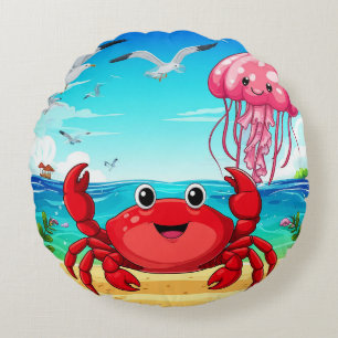 Vrolijke Cartoon Krab op een Levendig Strand Rond Kussen