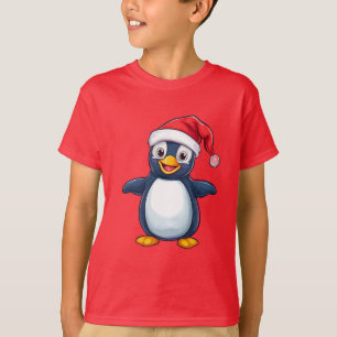 Vrolijke Cartoon Pinguïn in Kerstman Hoed T-shirt