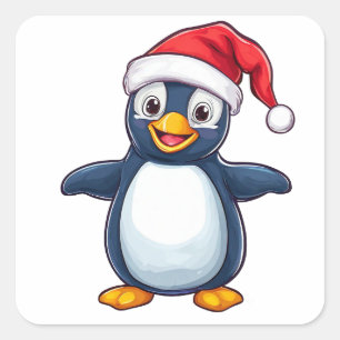 Vrolijke Cartoon Pinguïn in Kerstman Hoed Vierkante Sticker