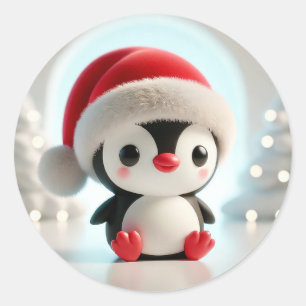 Vrolijke Cartoon Pinguïn met Kerstman Hoed Ronde Sticker