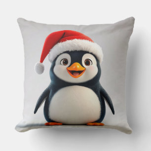 Vrolijke Cartoon Pinguïn met Kerstmannenhoed Kussen