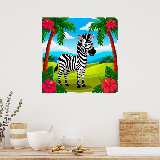 Vrolijke Cartoon Zebra in een tropisch landschap Poster (Keuken)
