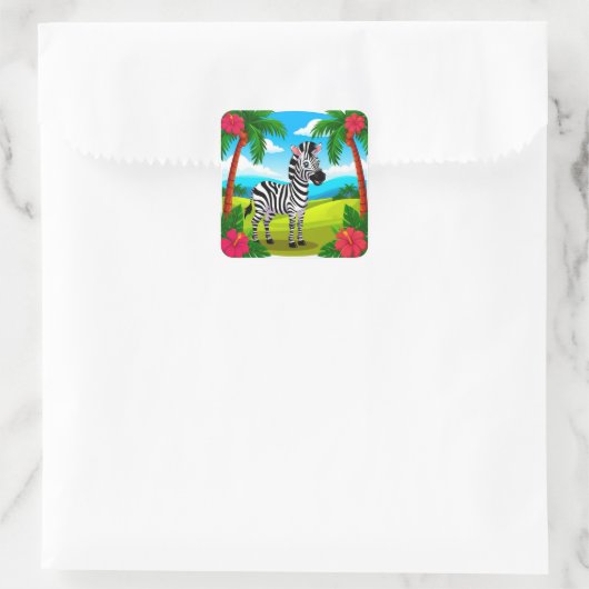 Vrolijke Cartoon Zebra in een tropisch landschap Vierkante Sticker (Tas)