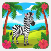 Vrolijke Cartoon Zebra in een tropisch landschap Vierkante Sticker (Voorkant)