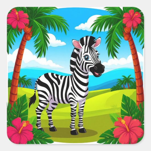 Vrolijke Cartoon Zebra in een tropisch landschap Vierkante Sticker (Voorkant)