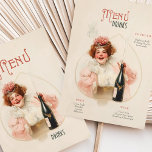Vrolijke Champagne Celebration Menu & Drinken Kaar Kaart<br><div class="desc">Voeg een vleugje eigenzinnigheid en charme toe aan uw bruiloft met deze prachtige Art Nouveau-geïnspireerde kaart met drinken. Met een vrolijke vrouw in een roze en witte jurk versierd met bloemige details en met een fles champagne, straalt dit ontwerp viering en elegantie uit. De achtergrond van de zachte crème wordt...</div>
