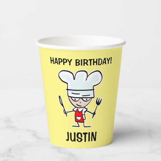 Vrolijke chef-kok cartoon kind koken Verjaardagsfe Papieren Bekers (Achterkant)