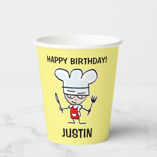 Vrolijke chef-kok cartoon kind koken Verjaardagsfe Papieren Bekers (Voorkant)