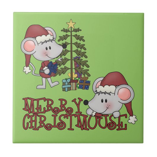 Vrolijke Christmouse met Boom Tegeltje (Voorkant)