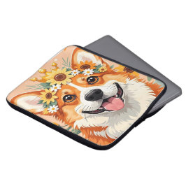 Vrolijke corgi hond kroon van madeliefjes en zonne laptop sleeve