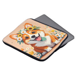 Vrolijke corgi hond kroon van madeliefjes en zonne laptop sleeve