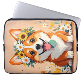 Vrolijke corgi hond kroon van madeliefjes en zonne laptop sleeve