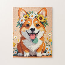 Vrolijke corgi hond kroon van madeliefjes en zonne