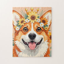 Vrolijke corgi hond kroon van madeliefjes en zonne