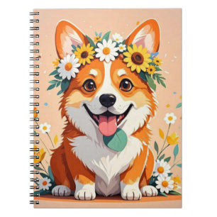 Vrolijke corgi hond kroon van madeliefjes en zonne notitieboek